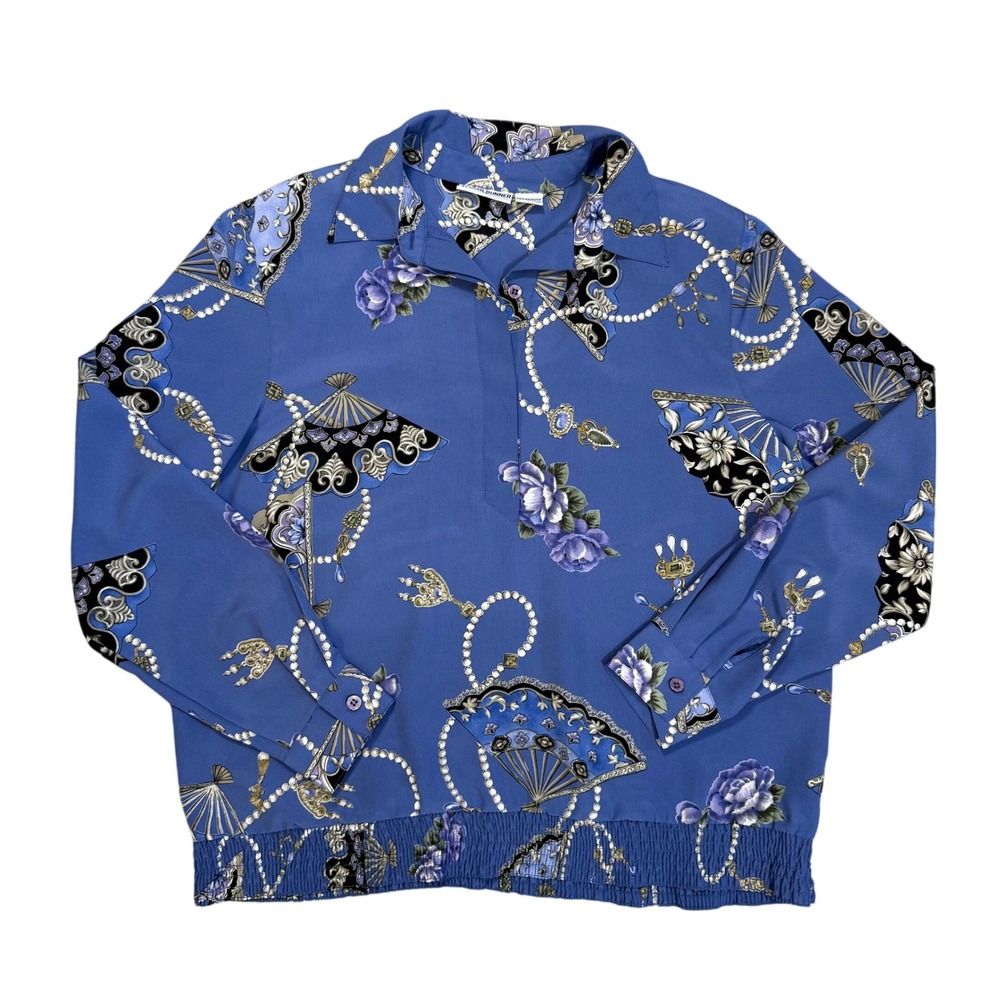 Vintage 90s Alfred Dunner Periwinkle Blue Floral Pearls Blouse Regencycore sz 14